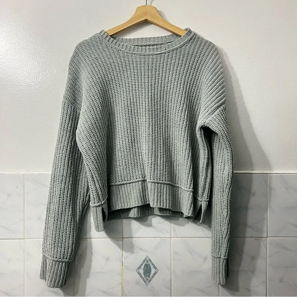 Aeropostale Chenille Knit Sage Oversized Cropped Sweater Women's M Coastal Cozy - Picture 2 of 10